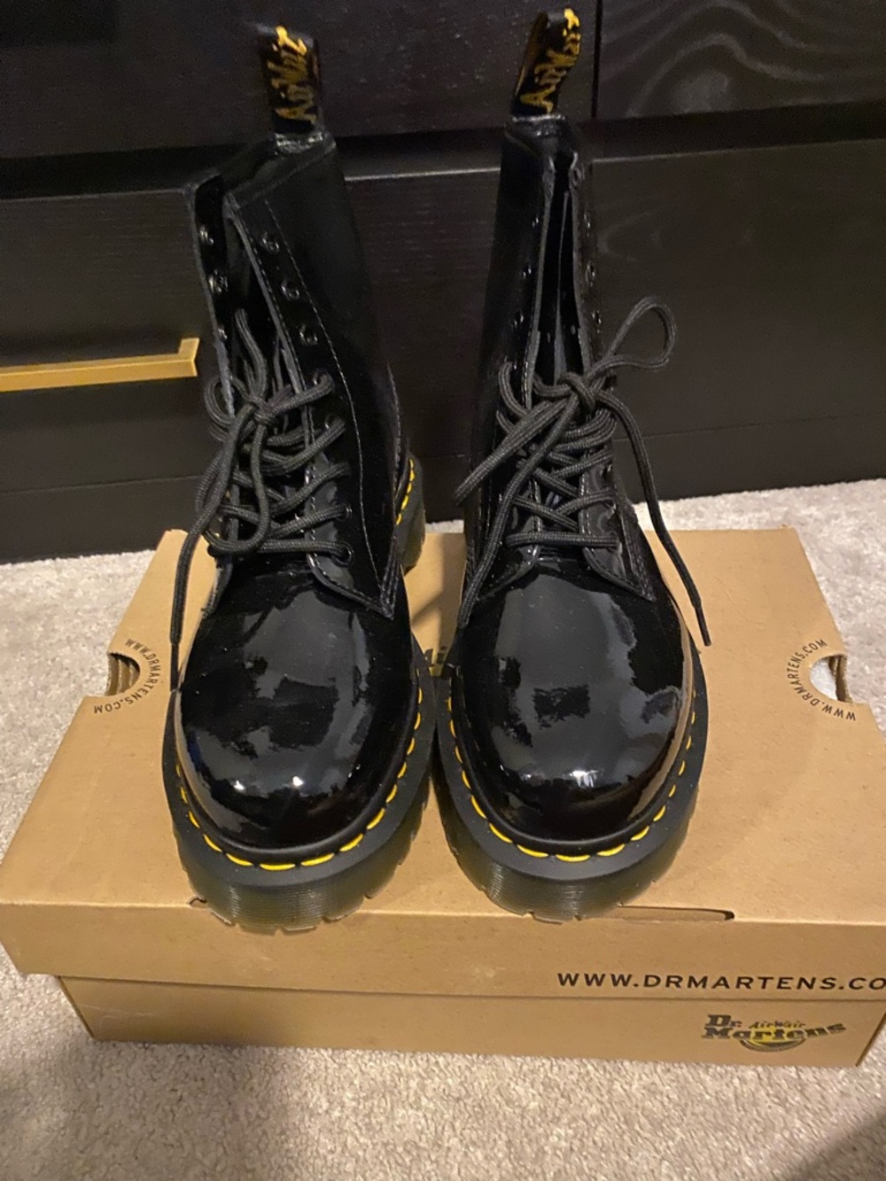 Dr. Martens Black Patent Leather Lace-Up Boots with Yellow Stitching